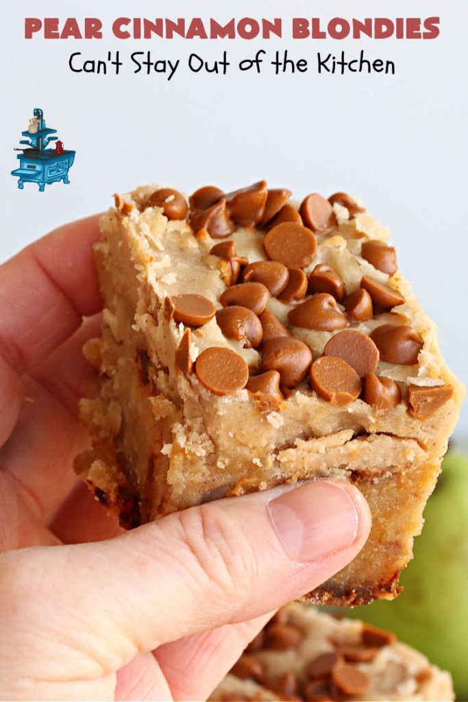 Pear Cinnamon Blondies | Can't Stay Out of the Kitchen | these luscious #blondies are very sweet, rich, decadent & heavenly. The bars include #bananas & #pears to keep them moist, #walnuts & #CinnamonChips to add texture & sweetness. They also have a fantastic #BrownedButterIcing on top with more #cinnamon chips to add even more decadence. Excellent for any kind of potluck or #holiday activity. Every bite will rock your world! #PearCinnamonBlondies