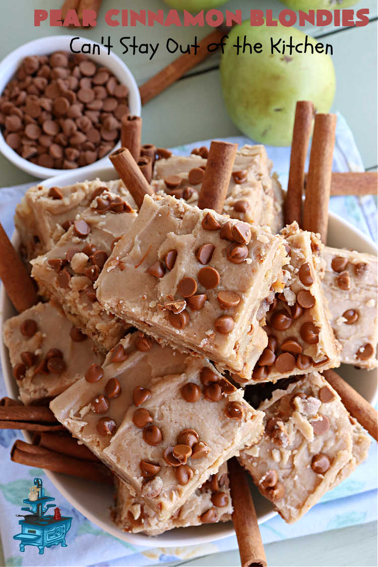 Pear Cinnamon Blondies | Can't Stay Out of the Kitchen | these luscious #blondies are very sweet, rich, decadent & heavenly. The bars include #bananas & #pears to keep them moist, #walnuts & #CinnamonChips to add texture & sweetness. They also have a fantastic #BrownedButterIcing on top with more #cinnamon chips to add even more decadence. Excellent for any kind of potluck or #holiday activity. Every bite will rock your world! #PearCinnamonBlondies