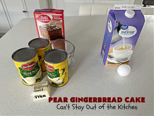 Pear Gingerbread Cake | Can't Stay Out of the Kitchen | this delightful Upside-Down #cake uses only 4 Ingredients (plus the #egg & water used by the #CakeMix.) It bakes up beautifully & is so easy you can whip it up for weeknight dinners. If you enjoy the taste of #pears & #gingerbread, this #dessert is mouthwatering & irresistible. #GingerbreadCakeMix #PearDessert #GingerbreadDessert #PearGingerbreadCake