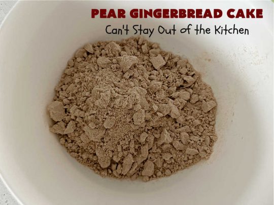 Pear Gingerbread Cake | Can't Stay Out of the Kitchen | this delightful Upside-Down #cake uses only 4 Ingredients (plus the #egg & water used by the #CakeMix.) It bakes up beautifully & is so easy you can whip it up for weeknight dinners. If you enjoy the taste of #pears & #gingerbread, this #dessert is mouthwatering & irresistible. #GingerbreadCakeMix #PearDessert #GingerbreadDessert #PearGingerbreadCake