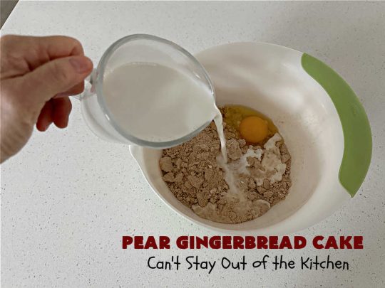 Pear Gingerbread Cake | Can't Stay Out of the Kitchen | this delightful Upside-Down #cake uses only 4 Ingredients (plus the #egg & water used by the #CakeMix.) It bakes up beautifully & is so easy you can whip it up for weeknight dinners. If you enjoy the taste of #pears & #gingerbread, this #dessert is mouthwatering & irresistible. #GingerbreadCakeMix #PearDessert #GingerbreadDessert #PearGingerbreadCake