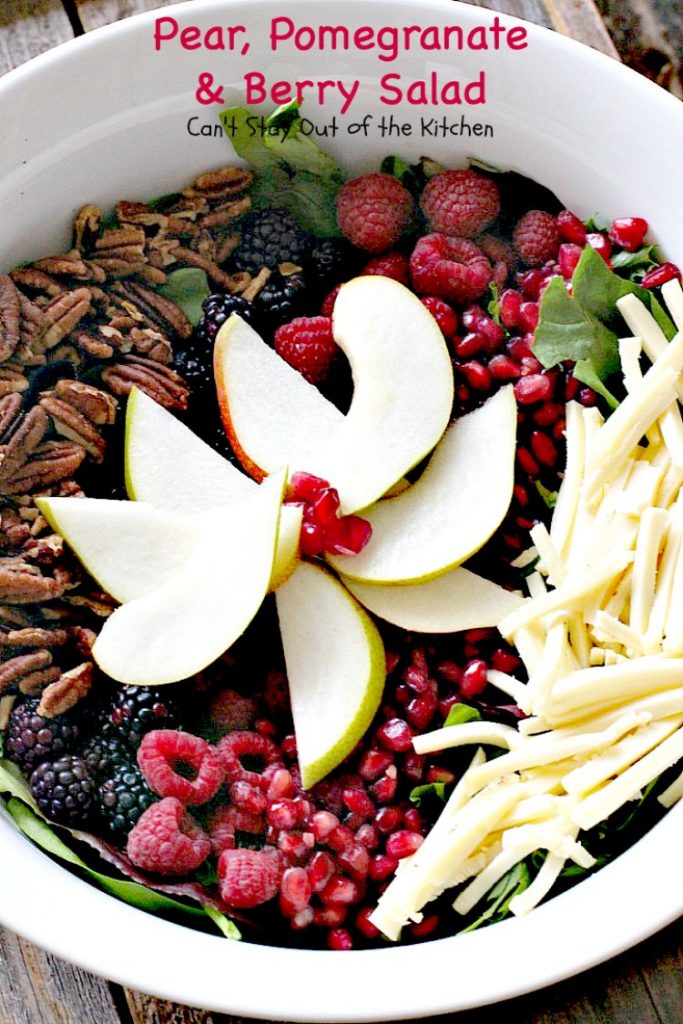 Pear, Pomegranate and Berry Salad | Can't Stay Out of the Kitchen | this fabulous #salad is heavenly! The combination of flavors is amazing. #pears #pomegranates #glutenfree