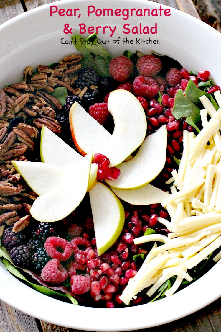 Pear, Pomegranate and Berry Salad | Can't Stay Out of the Kitchen | this fabulous #salad is heavenly! The combination of flavors is amazing. #pears #pomegranates #glutenfree