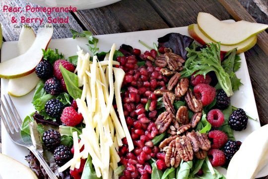 Pear, Pomegranate and Berry Salad | Can't Stay Out of the Kitchen | this fabulous #salad is heavenly! The combination of flavors is amazing. #pears #pomegranates #glutenfree