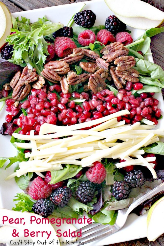 Pear, Pomegranate and Berry Salad | Can't Stay Out of the Kitchen | this fabulous #salad is heavenly! The combination of flavors is amazing. #pears #pomegranates #glutenfree