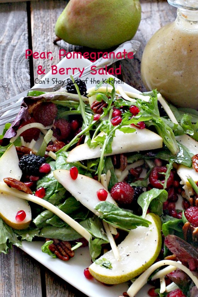 Pear, Pomegranate and Berry Salad | Can't Stay Out of the Kitchen | this fabulous #salad is heavenly! The combination of flavors is amazing. #pears #pomegranates #glutenfree