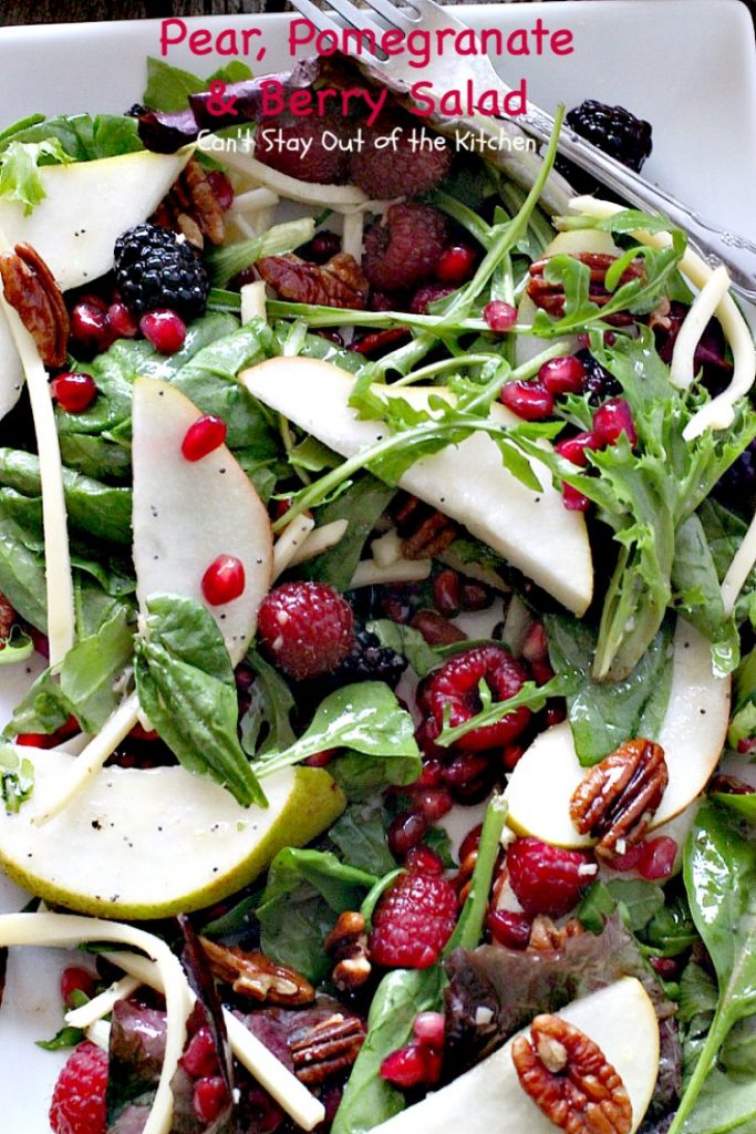 Pear, Pomegranate and Berry Salad | Can't Stay Out of the Kitchen | this fabulous #salad is heavenly! The combination of flavors is amazing. #pears #pomegranates #glutenfree