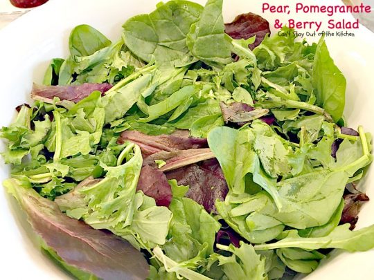 Pear, Pomegranate and Berry Salad | Can't Stay Out of the Kitchen | this fabulous #salad is heavenly! The combination of flavors is amazing. #pears #pomegranates #glutenfree