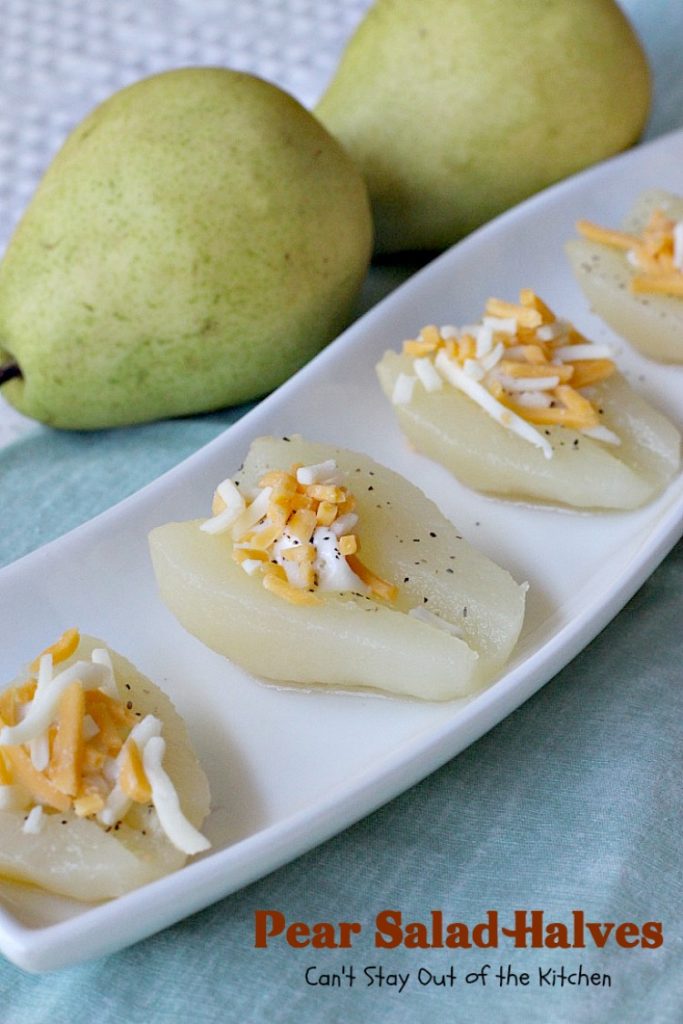 Pear Salad Halves | Can't Stay Out of the Kitchen | this is such a quick and easy way to serve #pears. Only 4-ingredients needed for this lovely #fruit #salad.