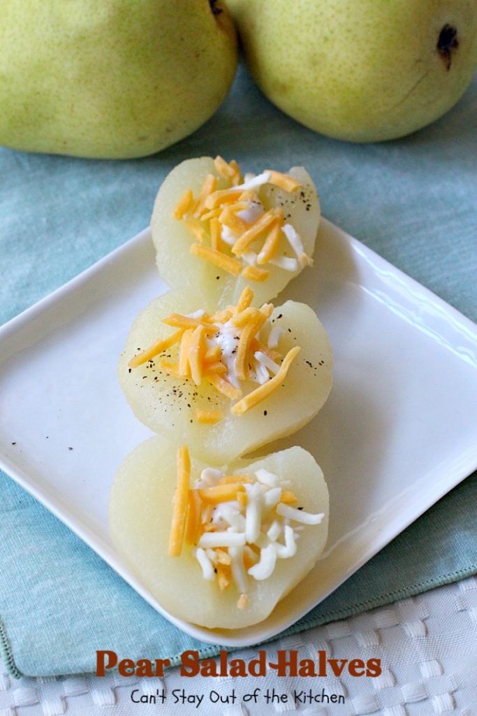Pear Salad Halves | Can't Stay Out of the Kitchen | this is such a quick and easy way to serve #pears. Only 4-ingredients needed for this lovely #fruit #salad.