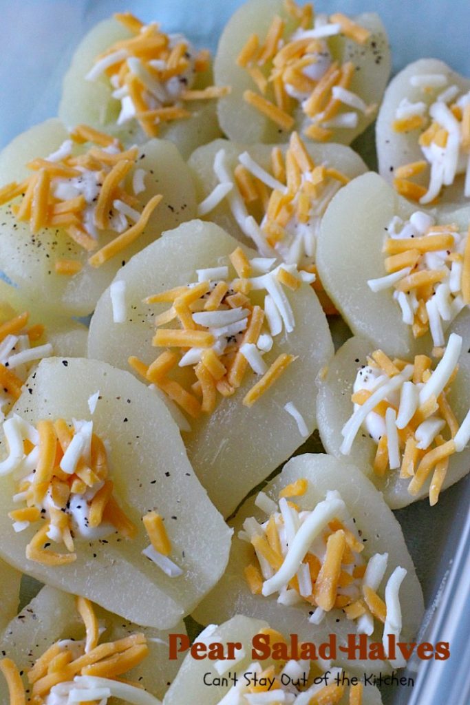 Pear Salad Halves | Can't Stay Out of the Kitchen | this is such a quick and easy way to serve #pears. Only 4-ingredients needed for this lovely #fruit #salad.
