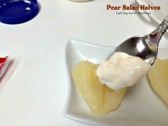 Pear Salad Halves | Can't Stay Out of the Kitchen | this is such a quick and easy way to serve #pears. Only 4-ingredients needed for this lovely #fruit #salad.