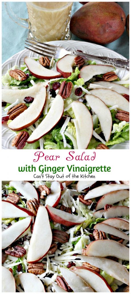 Pear Salad with Ginger Vinaigrette | Can't Stay Out of the Kitchen | this lovely #pear #salad has a wonderful homemade #vinaigrette. #glutenfree #pecans #cheese