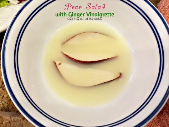 Pear Salad with Ginger Vinaigrette | Can't Stay Out of the Kitchen | this lovely #pear #salad has a wonderful homemade #vinaigrette. #glutenfree #pecans #cheese