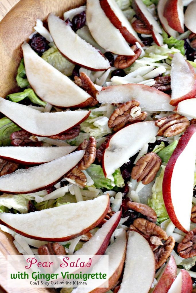 Pear Salad with Ginger Vinaigrette | Can't Stay Out of the Kitchen | this lovely #pear #salad has a wonderful homemade #vinaigrette. #glutenfree #pecans #cheese