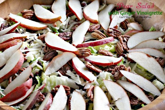 Pear Salad with Ginger Vinaigrette | Can't Stay Out of the Kitchen | this lovely #pear #salad has a wonderful homemade #vinaigrette. #glutenfree #pecans #cheese