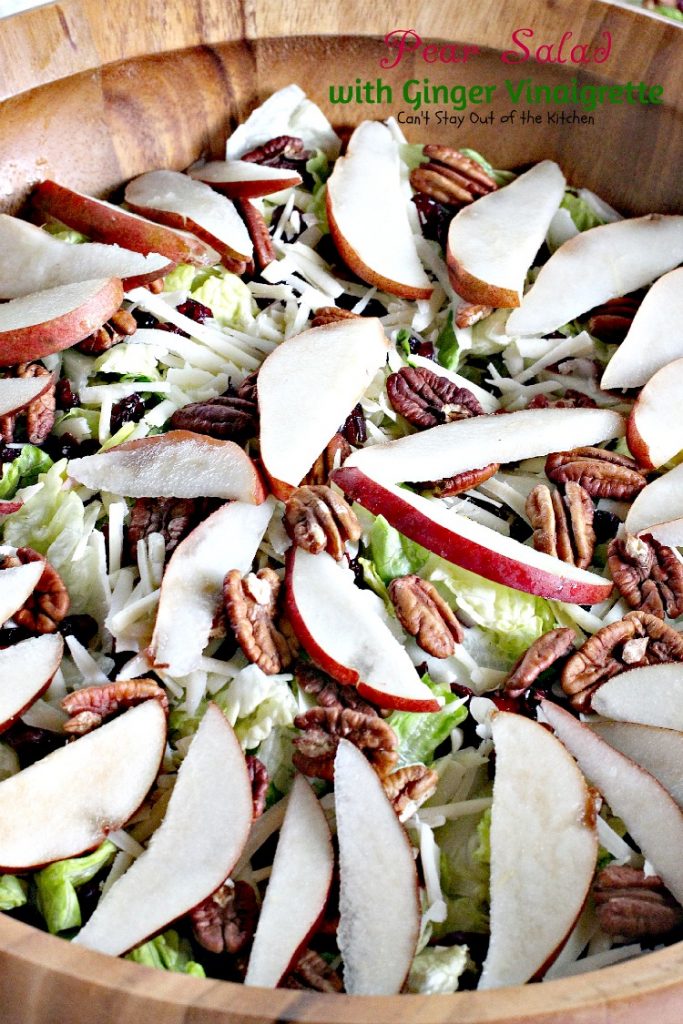 Pear Salad with Ginger Vinaigrette | Can't Stay Out of the Kitchen | this lovely #pear #salad has a wonderful homemade #vinaigrette. #glutenfree #pecans #cheese