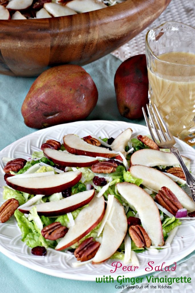 Pear Salad with Ginger Vinaigrette | Can't Stay Out of the Kitchen | this lovely #pear #salad has a wonderful homemade #vinaigrette. #glutenfree #pecans #cheese