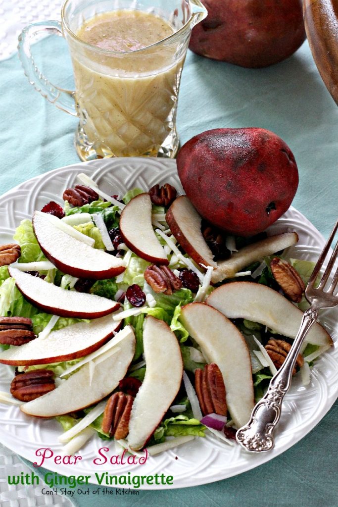 Pear Salad with Ginger Vinaigrette | Can't Stay Out of the Kitchen | this lovely #pear #salad has a wonderful homemade #vinaigrette. #glutenfree #pecans #cheese