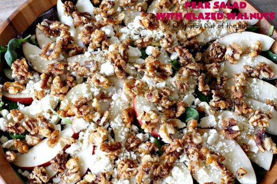 Pear Salad with Glazed Walnuts | Can't Stay Out of the Kitchen | this exotic #salad always gets rave reviews whenever I serve it. It's not difficult to make & so delicious. It uses #GlazedWalnuts, #Pears, #FetaCheese & a wonderful homemade #Lemon #Vinaigrette. #GlutenFree #TossedSalad #LemonVinaigrette #TossedSaladWithPears #PearSaladWithGlazedWalnuts #holiday #HolidaySideDish #MothersDay #FathersDay #Thanksgiving