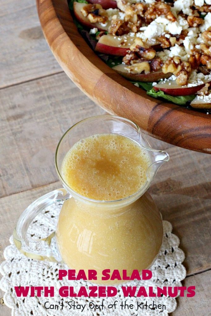 Pear Salad with Glazed Walnuts | Can't Stay Out of the Kitchen | this exotic #salad always gets rave reviews whenever I serve it. It's not difficult to make & so delicious. It uses #GlazedWalnuts, #Pears, #FetaCheese & a wonderful homemade #Lemon #Vinaigrette. #GlutenFree #TossedSalad #LemonVinaigrette #TossedSaladWithPears #PearSaladWithGlazedWalnuts #holiday #HolidaySideDish #MothersDay #FathersDay #Thanksgiving