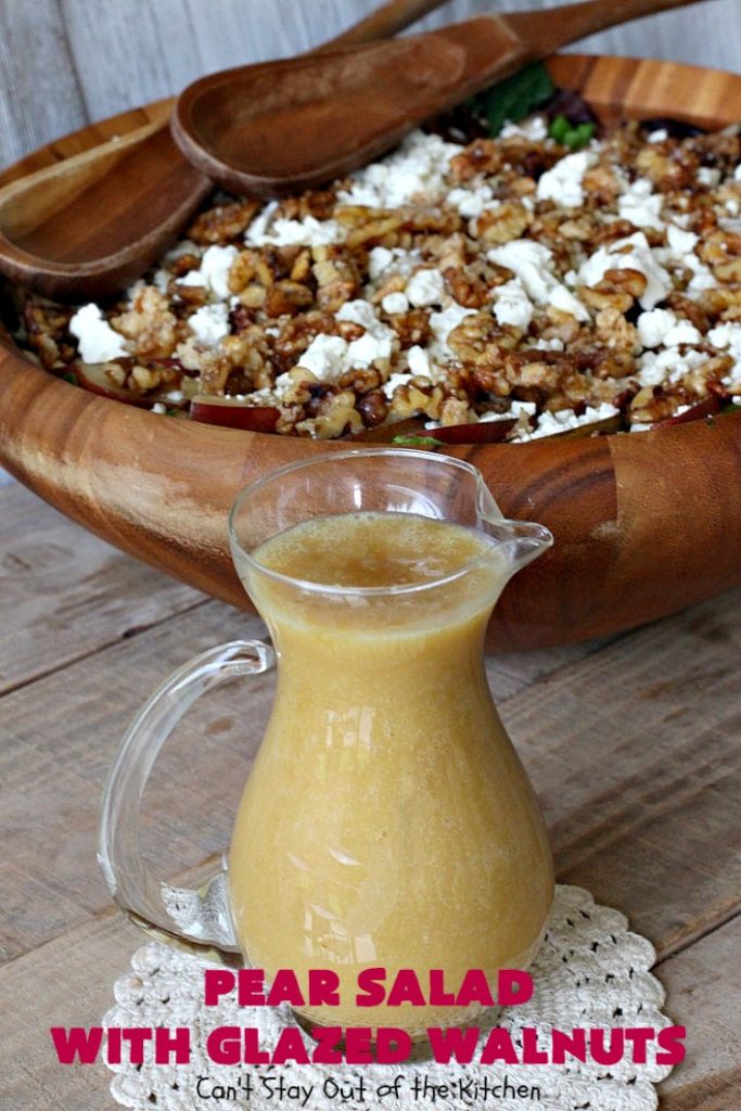 Pear Salad with Glazed Walnuts | Can't Stay Out of the Kitchen | this exotic #salad always gets rave reviews whenever I serve it. It's not difficult to make & so delicious. It uses #GlazedWalnuts, #Pears, #FetaCheese & a wonderful homemade #Lemon #Vinaigrette. #GlutenFree #TossedSalad #LemonVinaigrette #TossedSaladWithPears #PearSaladWithGlazedWalnuts #holiday #HolidaySideDish #MothersDay #FathersDay #Thanksgiving