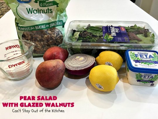 Pear Salad with Glazed Walnuts | Can't Stay Out of the Kitchen | this exotic #salad always gets rave reviews whenever I serve it. It's not difficult to make & so delicious. It uses #GlazedWalnuts, #Pears, #FetaCheese & a wonderful homemade #Lemon #Vinaigrette. #GlutenFree #TossedSalad #LemonVinaigrette #TossedSaladWithPears #PearSaladWithGlazedWalnuts #holiday #HolidaySideDish #MothersDay #FathersDay #Thanksgiving