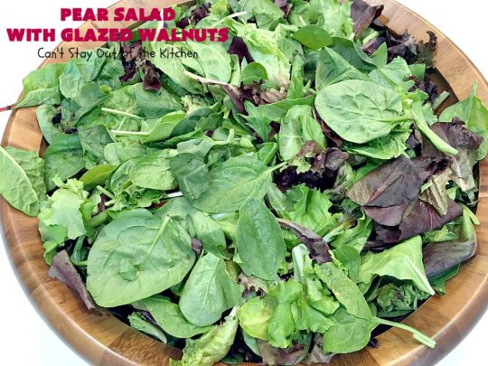Pear Salad with Glazed Walnuts | Can't Stay Out of the Kitchen | this exotic #salad always gets rave reviews whenever I serve it. It's not difficult to make & so delicious. It uses #GlazedWalnuts, #Pears, #FetaCheese & a wonderful homemade #Lemon #Vinaigrette. #GlutenFree #TossedSalad #LemonVinaigrette #TossedSaladWithPears #PearSaladWithGlazedWalnuts #holiday #HolidaySideDish #MothersDay #FathersDay #Thanksgiving
