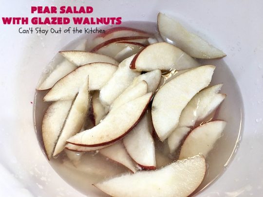 Pear Salad with Glazed Walnuts | Can't Stay Out of the Kitchen | this exotic #salad always gets rave reviews whenever I serve it. It's not difficult to make & so delicious. It uses #GlazedWalnuts, #Pears, #FetaCheese & a wonderful homemade #Lemon #Vinaigrette. #GlutenFree #TossedSalad #LemonVinaigrette #TossedSaladWithPears #PearSaladWithGlazedWalnuts #holiday #HolidaySideDish #MothersDay #FathersDay #Thanksgiving