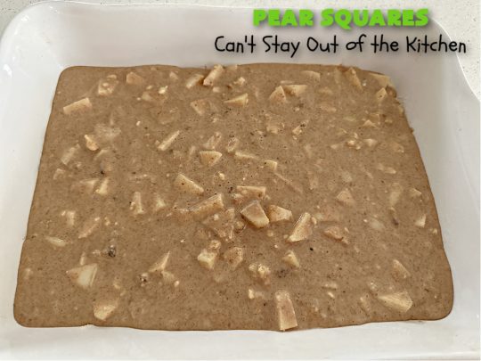 Pear Squares | Can't Stay Out of the Kitchen | these delicious cake-type #cookies are moist, nutty and filled with #pears, #cinnamon & #nutmeg. Wonderful #dessert any time you have company & for #holidays like #Easter, #MothersDay or #FathersDay. Every bite is mouthwatering & delicious. #PearSquares
