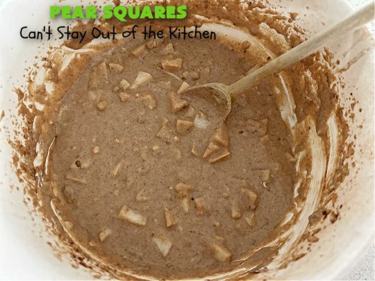 Pear Squares | Can't Stay Out of the Kitchen | these delicious cake-type #cookies are moist, nutty and filled with #pears, #cinnamon & #nutmeg. Wonderful #dessert any time you have company & for #holidays like #Easter, #MothersDay or #FathersDay. Every bite is mouthwatering & delicious. #PearSquares