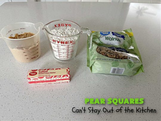 Pear Squares | Can't Stay Out of the Kitchen | these delicious cake-type #cookies are moist, nutty and filled with #pears, #cinnamon & #nutmeg. Wonderful #dessert any time you have company & for #holidays like #Easter, #MothersDay or #FathersDay. Every bite is mouthwatering & delicious. #PearSquares