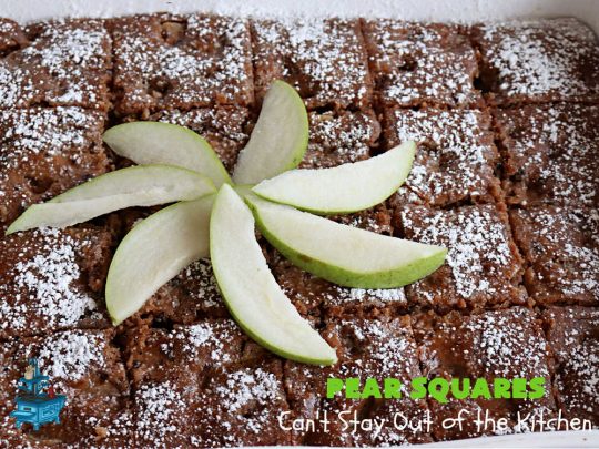 Pear Squares | Can't Stay Out of the Kitchen | these delicious cake-type #cookies are moist, nutty and filled with #pears, #cinnamon & #nutmeg. Wonderful #dessert any time you have company & for #holidays like #Easter, #MothersDay or #FathersDay. Every bite is mouthwatering & delicious. #PearSquares