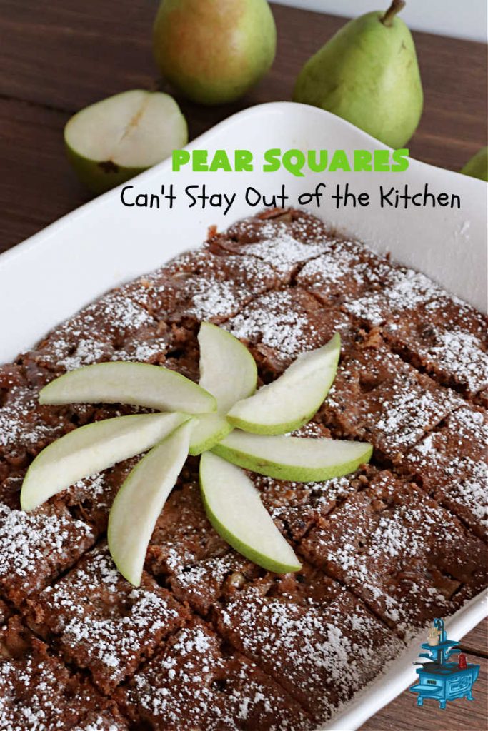 Pear Squares | Can't Stay Out of the Kitchen | these delicious cake-type #cookies are moist, nutty and filled with #pears, #cinnamon & #nutmeg. Wonderful #dessert any time you have company & for #holidays like #Easter, #MothersDay or #FathersDay. Every bite is mouthwatering & delicious. #PearSquaresPear Squares | Can't Stay Out of the Kitchen | these delicious cake-type #cookies are moist, nutty and filled with #pears, #cinnamon & #nutmeg. Wonderful #dessert any time you have company & for #holidays like #Easter, #MothersDay or #FathersDay. Every bite is mouthwatering & delicious. #PearSquares