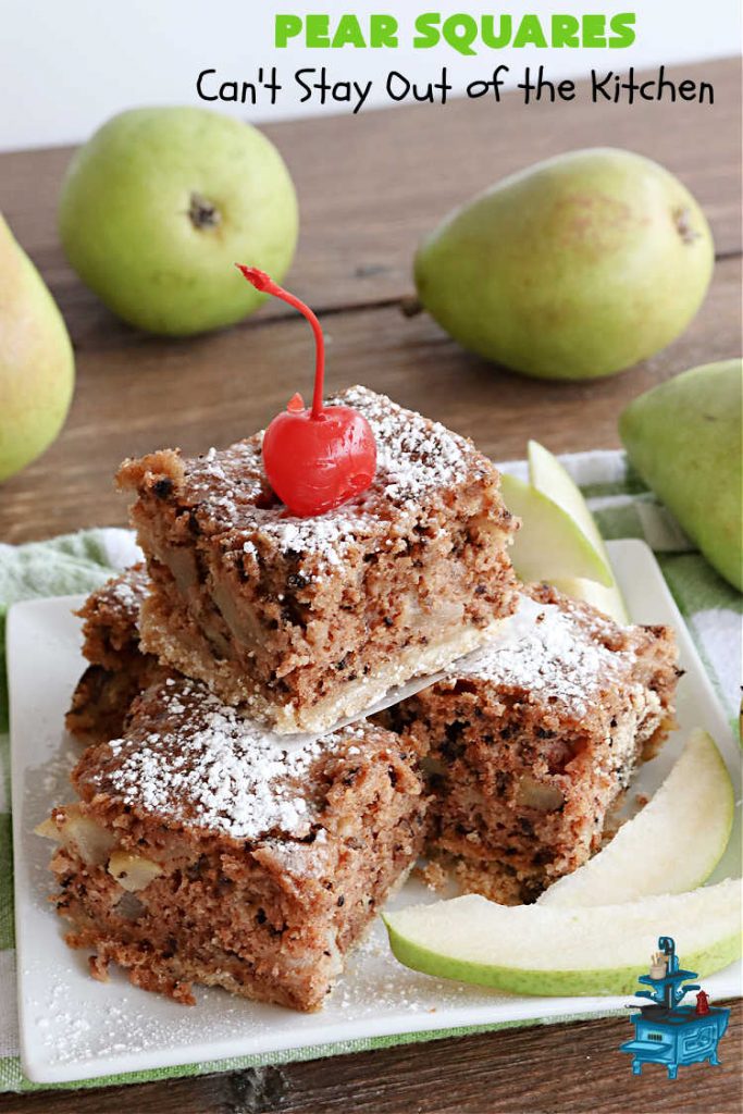 Pear Squares | Can't Stay Out of the Kitchen | these delicious cake-type #cookies are moist, nutty and filled with #pears, #cinnamon & #nutmeg. Wonderful #dessert any time you have company & for #holidays like #Easter, #MothersDay or #FathersDay. Every bite is mouthwatering & delicious. #PearSquares