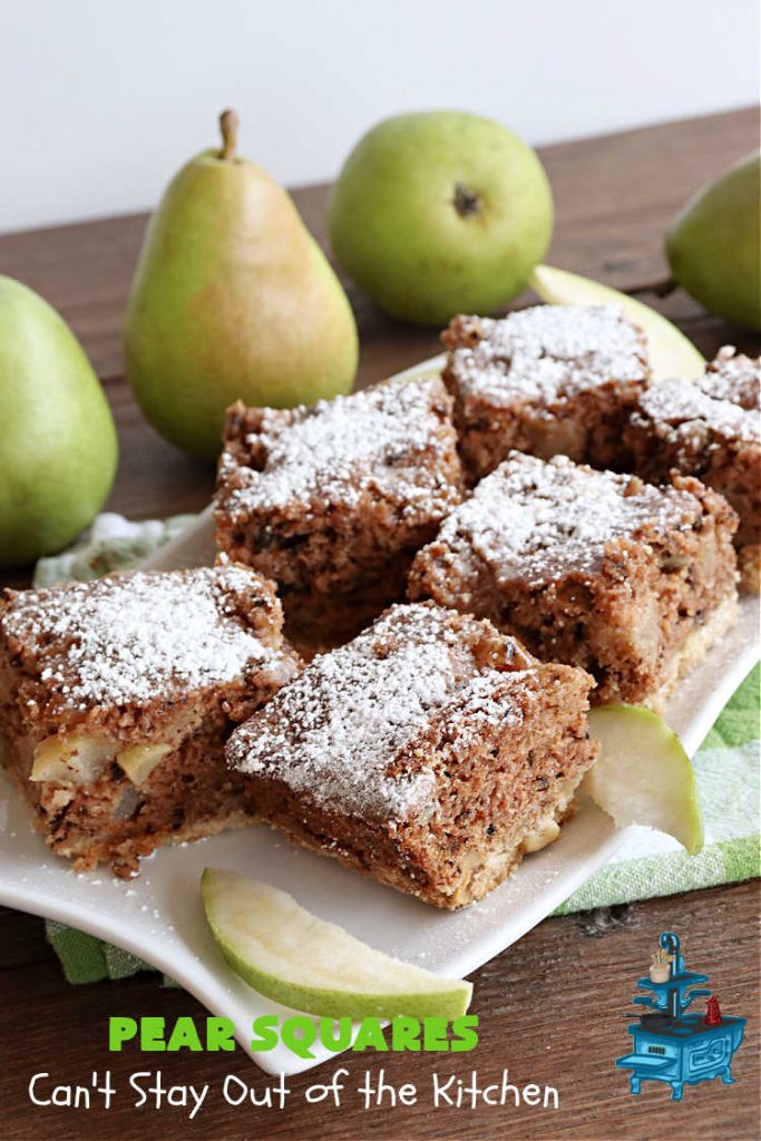 Pear Squares | Can't Stay Out of the Kitchen | these delicious cake-type #cookies are moist, nutty and filled with #pears, #cinnamon & #nutmeg. Wonderful #dessert any time you have company & for #holidays like #Easter, #MothersDay or #FathersDay. Every bite is mouthwatering & delicious. #PearSquares