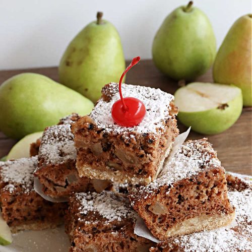 Pear Squares | Can't Stay Out of the Kitchen | these delicious cake-type #cookies are moist, nutty and filled with #pears, #cinnamon & #nutmeg. Wonderful #dessert any time you have company & for #holidays like #Easter, #MothersDay or #FathersDay. Every bite is mouthwatering & delicious. #PearSquares