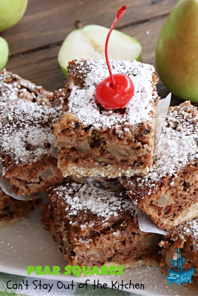 Pear Squares | Can't Stay Out of the Kitchen | these delicious cake-type #cookies are moist, nutty and filled with #pears, #cinnamon & #nutmeg. Wonderful #dessert any time you have company & for #holidays like #Easter, #MothersDay or #FathersDay. Every bite is mouthwatering & delicious. #PearSquares