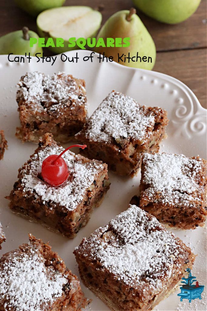 Pear Squares | Can't Stay Out of the Kitchen | these delicious cake-type #cookies are moist, nutty and filled with #pears, #cinnamon & #nutmeg. Wonderful #dessert any time you have company & for #holidays like #Easter, #MothersDay or #FathersDay. Every bite is mouthwatering & delicious. #PearSquares