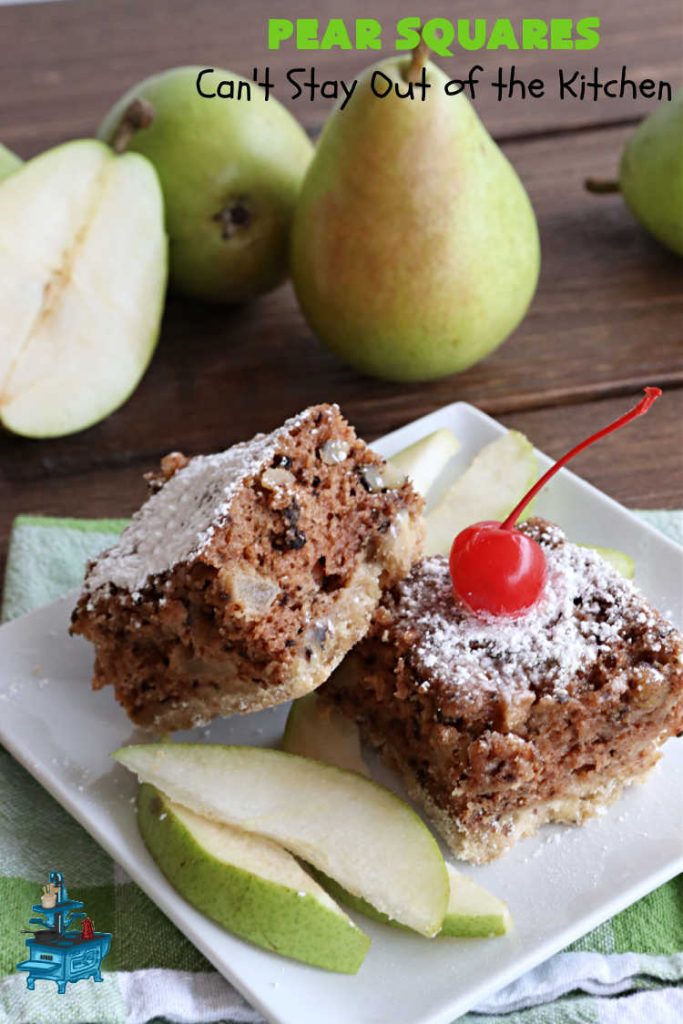 Pear Squares | Can't Stay Out of the Kitchen | these delicious cake-type #cookies are moist, nutty and filled with #pears, #cinnamon & #nutmeg. Wonderful #dessert any time you have company & for #holidays like #Easter, #MothersDay or #FathersDay. Every bite is mouthwatering & delicious. #PearSquares