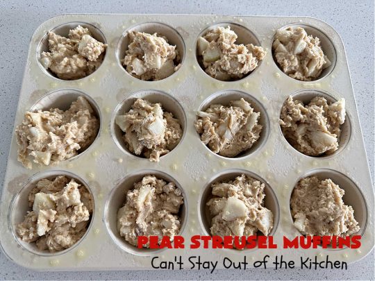 Pear Streusel Muffins | Can't Stay Out of the Kitchen | these spectacular #muffins are filled with #pears, & #yogurt to keep them moist. Spices like #cloves, #cinnamon & #allspice amp up the flavors without overwhelming the muffins. The #StreuselTopping provides texture & the glaze a little more sweetness to make these muffins a drool-worthy experience! Great for a weekend, company or #holiday #breakfast. #PearStreuselMuffins