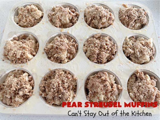 Pear Streusel Muffins | Can't Stay Out of the Kitchen | these spectacular #muffins are filled with #pears, & #yogurt to keep them moist. Spices like #cloves, #cinnamon & #allspice amp up the flavors without overwhelming the muffins. The #StreuselTopping provides texture & the glaze a little more sweetness to make these muffins a drool-worthy experience! Great for a weekend, company or #holiday #breakfast. #PearStreuselMuffins