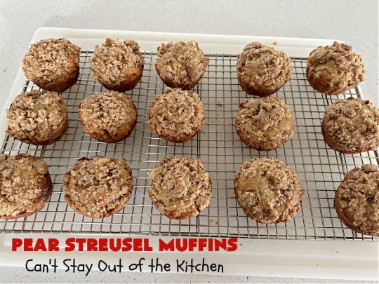 Pear Streusel Muffins | Can't Stay Out of the Kitchen | these spectacular #muffins are filled with #pears, & #yogurt to keep them moist. Spices like #cloves, #cinnamon & #allspice amp up the flavors without overwhelming the muffins. The #StreuselTopping provides texture & the glaze a little more sweetness to make these muffins a drool-worthy experience! Great for a weekend, company or #holiday #breakfast. #PearStreuselMuffins