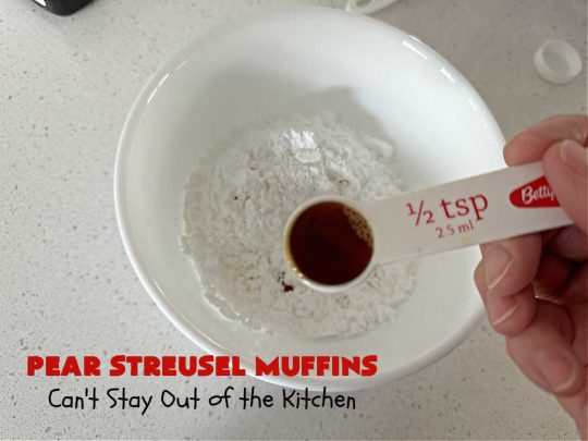Pear Streusel Muffins | Can't Stay Out of the Kitchen | these spectacular #muffins are filled with #pears, & #yogurt to keep them moist. Spices like #cloves, #cinnamon & #allspice amp up the flavors without overwhelming the muffins. The #StreuselTopping provides texture & the glaze a little more sweetness to make these muffins a drool-worthy experience! Great for a weekend, company or #holiday #breakfast. #PearStreuselMuffins