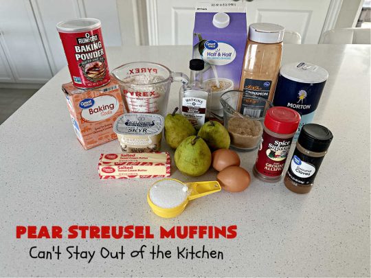 Pear Streusel Muffins | Can't Stay Out of the Kitchen | these spectacular #muffins are filled with #pears, & #yogurt to keep them moist. Spices like #cloves, #cinnamon & #allspice amp up the flavors without overwhelming the muffins. The #StreuselTopping provides texture & the glaze a little more sweetness to make these muffins a drool-worthy experience! Great for a weekend, company or #holiday #breakfast. #PearStreuselMuffins