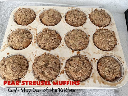 Pear Streusel Muffins | Can't Stay Out of the Kitchen | these spectacular #muffins are filled with #pears, & #yogurt to keep them moist. Spices like #cloves, #cinnamon & #allspice amp up the flavors without overwhelming the muffins. The #StreuselTopping provides texture & the glaze a little more sweetness to make these muffins a drool-worthy experience! Great for a weekend, company or #holiday #breakfast. #PearStreuselMuffins