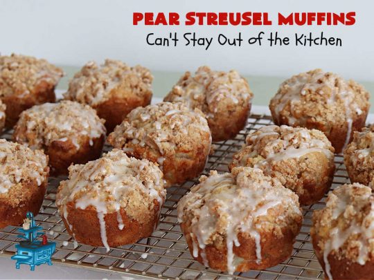 Pear Streusel Muffins | Can't Stay Out of the Kitchen | these spectacular #muffins are filled with #pears, & #yogurt to keep them moist. Spices like #cloves, #cinnamon & #allspice amp up the flavors without overwhelming the muffins. The #StreuselTopping provides texture & the glaze a little more sweetness to make these muffins a drool-worthy experience! Great for a weekend, company or #holiday #breakfast. #PearStreuselMuffins