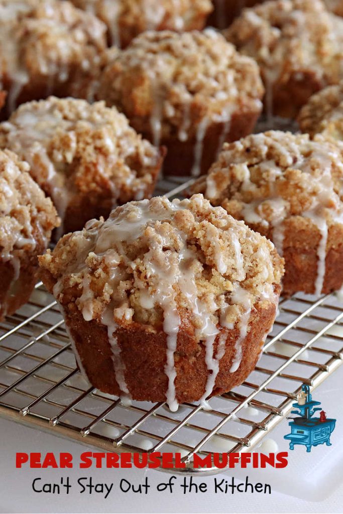 Pear Streusel Muffins | Can't Stay Out of the Kitchen | these spectacular #muffins are filled with #pears, & #yogurt to keep them moist. Spices like #cloves, #cinnamon & #allspice amp up the flavors without overwhelming the muffins. The #StreuselTopping provides texture & the glaze a little more sweetness to make these muffins a drool-worthy experience! Great for a weekend, company or #holiday #breakfast. #PearStreuselMuffins