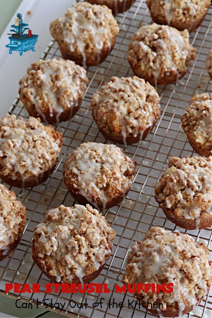 Pear Streusel Muffins | Can't Stay Out of the Kitchen | these spectacular #muffins are filled with #pears, & #yogurt to keep them moist. Spices like #cloves, #cinnamon & #allspice amp up the flavors without overwhelming the muffins. The #StreuselTopping provides texture & the glaze a little more sweetness to make these muffins a drool-worthy experience! Great for a weekend, company or #holiday #breakfast. #PearStreuselMuffins