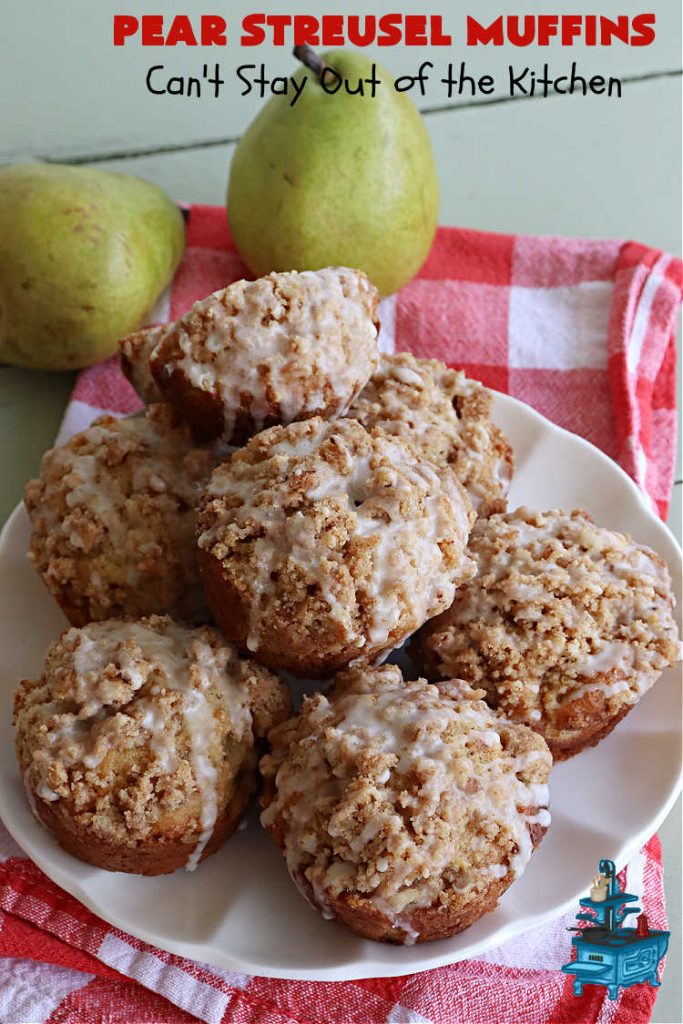 Pear Streusel Muffins | Can't Stay Out of the Kitchen | these spectacular #muffins are filled with #pears, & #yogurt to keep them moist. Spices like #cloves, #cinnamon & #allspice amp up the flavors without overwhelming the muffins. The #StreuselTopping provides texture & the glaze a little more sweetness to make these muffins a drool-worthy experience! Great for a weekend, company or #holiday #breakfast. #PearStreuselMuffins